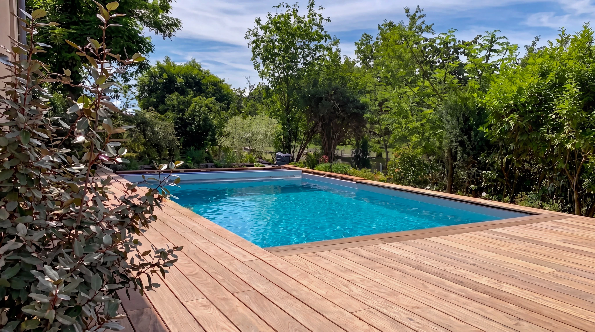 Piscine rectangulaire extérieure à liner sombre, entourée d'une terrasse en lames de bois composite ou ipé clair, intégrée dans un jardin en pente