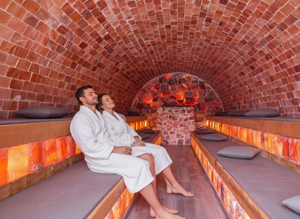 Sauna finlandais intérieur avec bancs en bois de cèdre à lattes horizontales, mur de fond composé de briques de sel de l'Himalaya rose-orangé rétroéclairées créant une ambiance chaleureuse, poêle à sauna électrique avec pierres volcaniques basaltiques visibles sur la gauche, seau en bois et louche traditionnels posés sur le banc inférieur, parois en lambris de cèdre naturel, éclairage LED intégré mettant en valeur le sel himalyen.