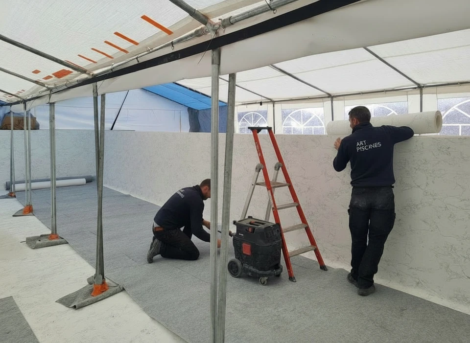 Une conseillère souriante accueillant un couple de clients dans un showroom lumineux, entourée de maquettes de piscines et spas, avec des échantillons de revêtements et liners visibles sur la surface de présentation, illustrant l'écoute et le conseil personnalisé au démarrage du projet.