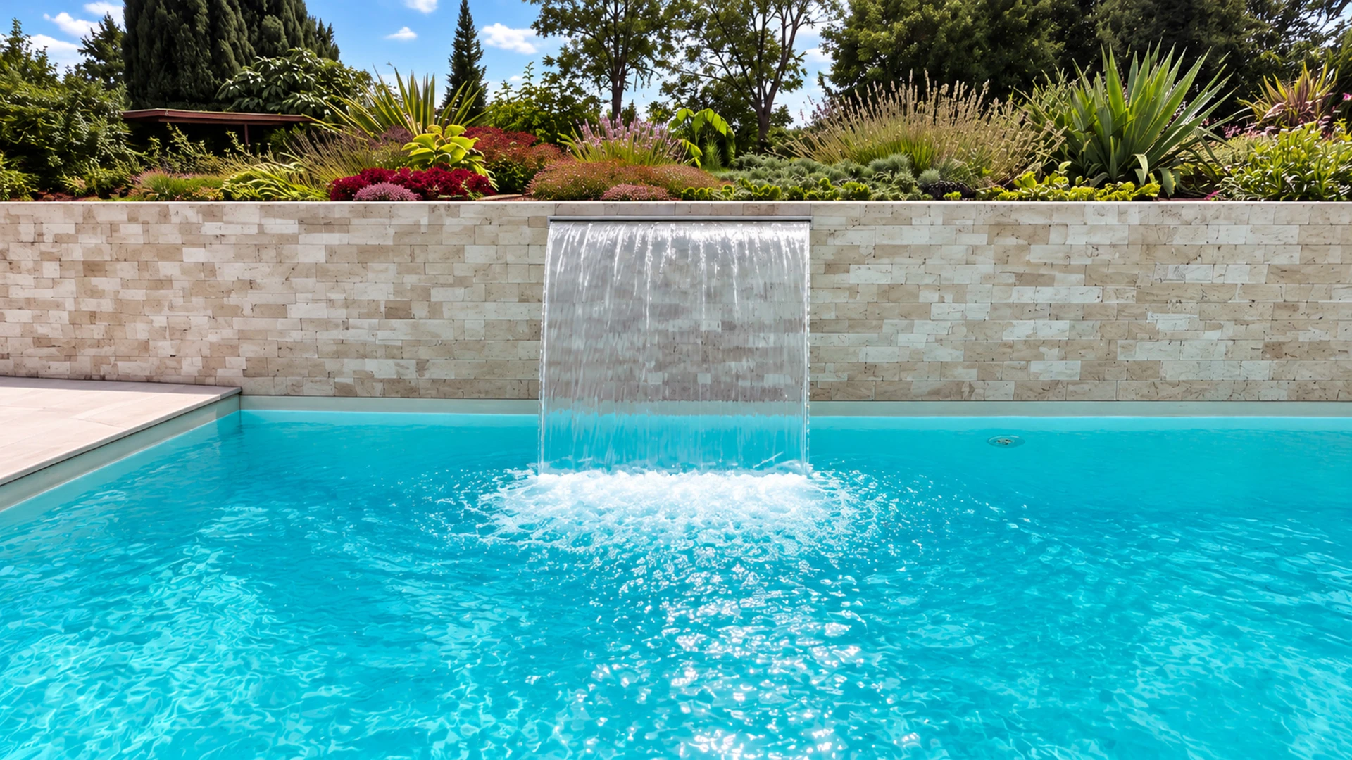 Piscine rectangulaire extérieure à débordement partiel, dallage périmétrique en carrelage grès cérame grand format gris clair