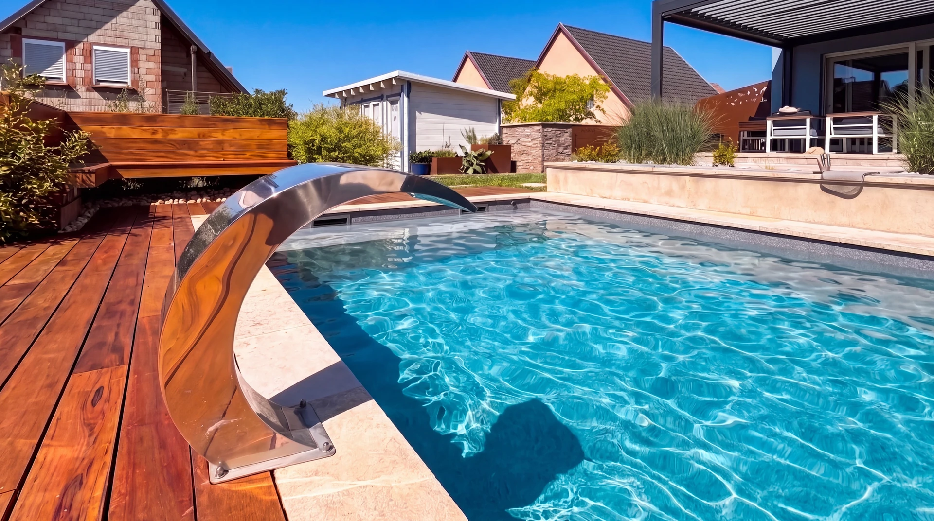 Piscine rectangulaire à débordement partiel, dallage en grès cérame gris anthracite, terrasse en bois composite IPE