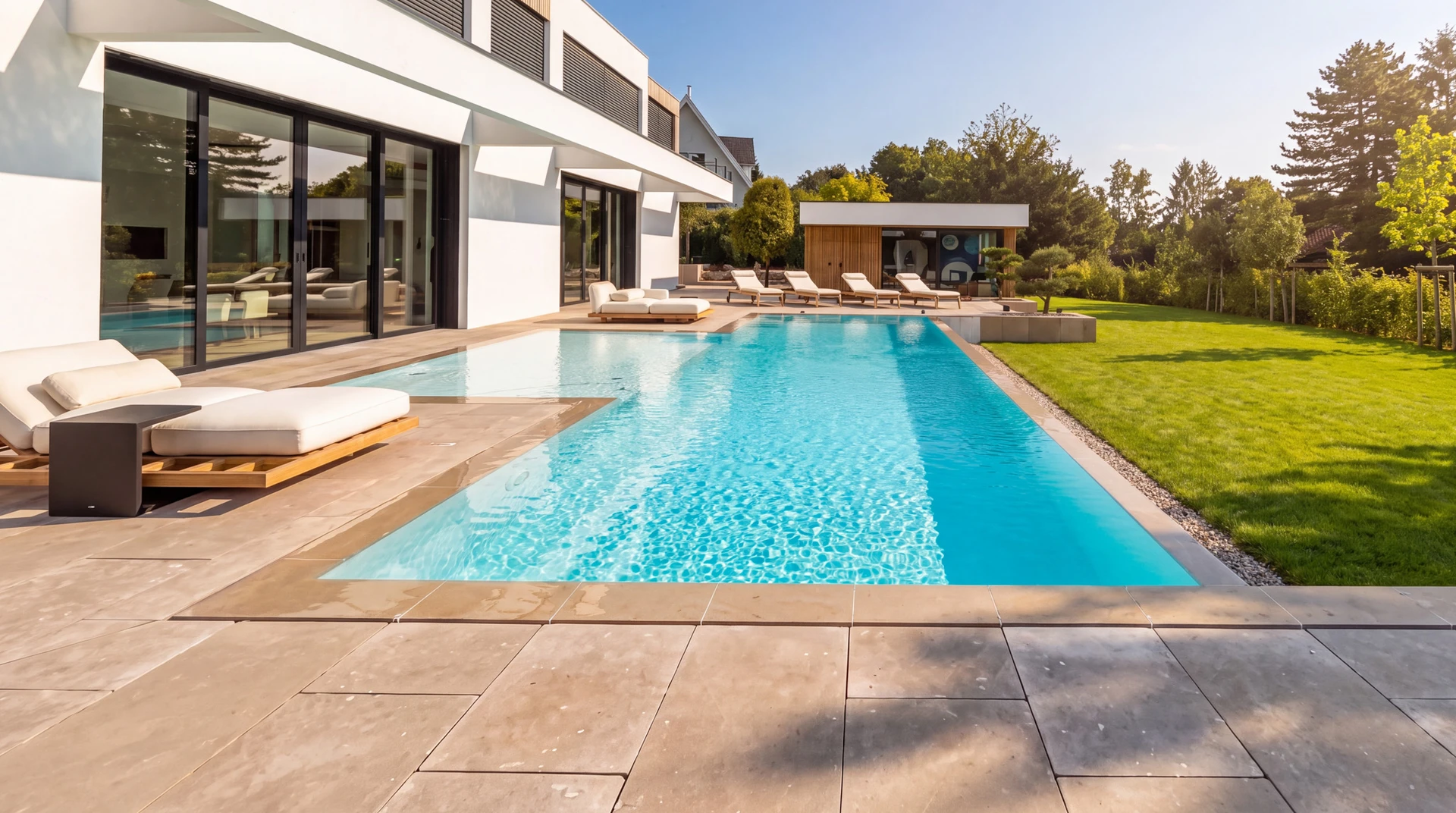 Espace spa intérieur de luxe avec bassin d'immersion carrée encastré au sol, revêtement mosaïque noire brillante. Murs en marbre travertin travaillé, panneaux verticaux en lamelles de bois naturel clair. Cloison séparative en verre trempé translucide avec porte-pivot à cadre en acier noir brossé. Coin zen intérieur avec pin bonsaï sur lit de gravier blanc, sol en grandes dalles de travertin gris veiné. Éclairage LED indirect blanc chaud encastré au plafond. Panneau de commande domotique mural discret.